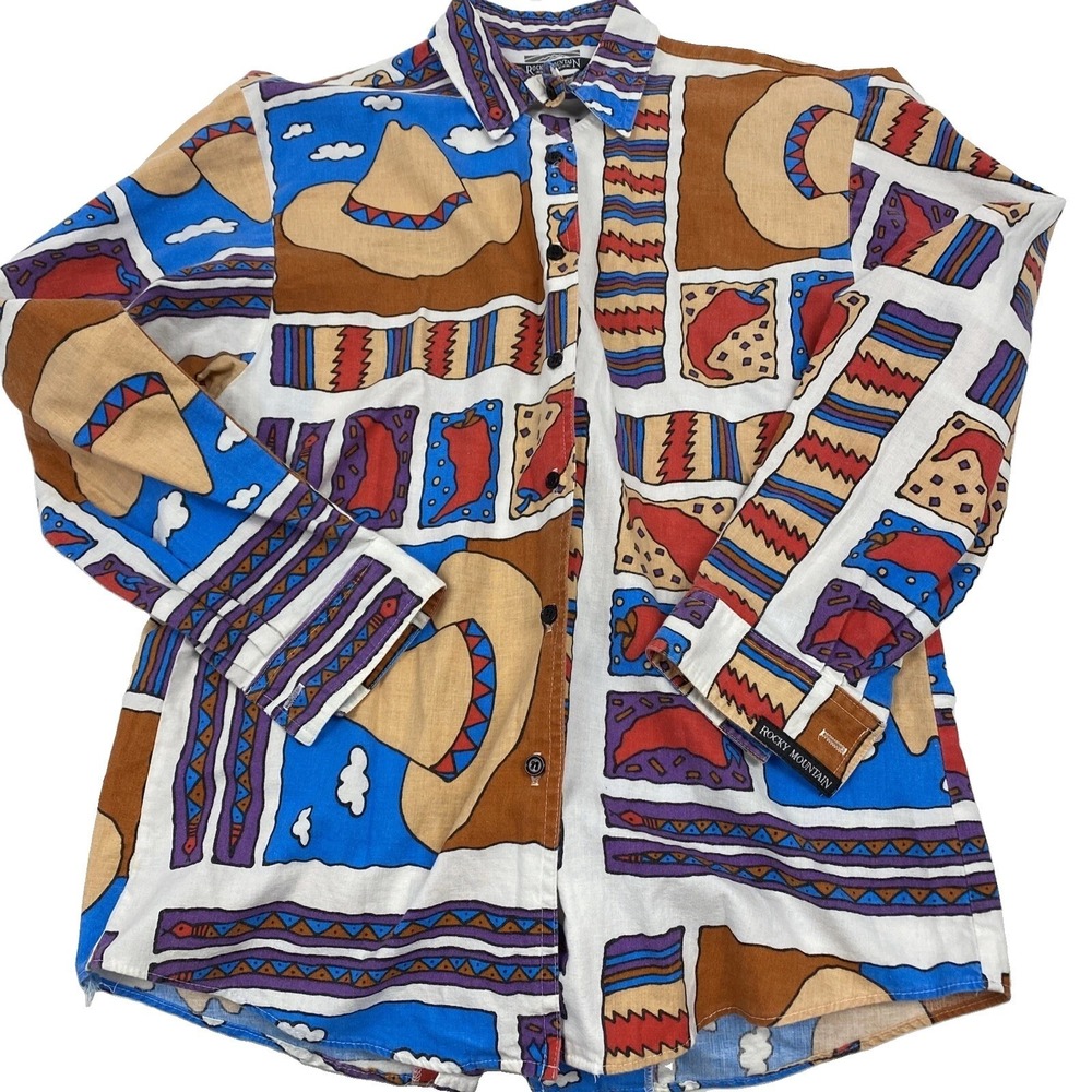 Rocky Mountain Womens S Button up Shirt Colorful Western USA Sombreros peppers